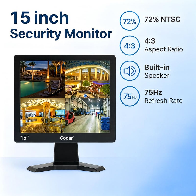 Cocar 15" CCTV BNC Monitor VGA HDMI AV, 4:3 HD Display LCD Security Screen with USB Drive Player for Surveillance Camera STB PC 1024x768 Resolution Built-in Speaker Audio in/Out - Image 2